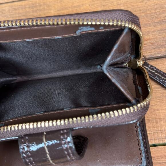 Coach Signature Stripe Khaki Canvas Brown Slim Medium Wallet Zip Coin - Picture 5 of 8